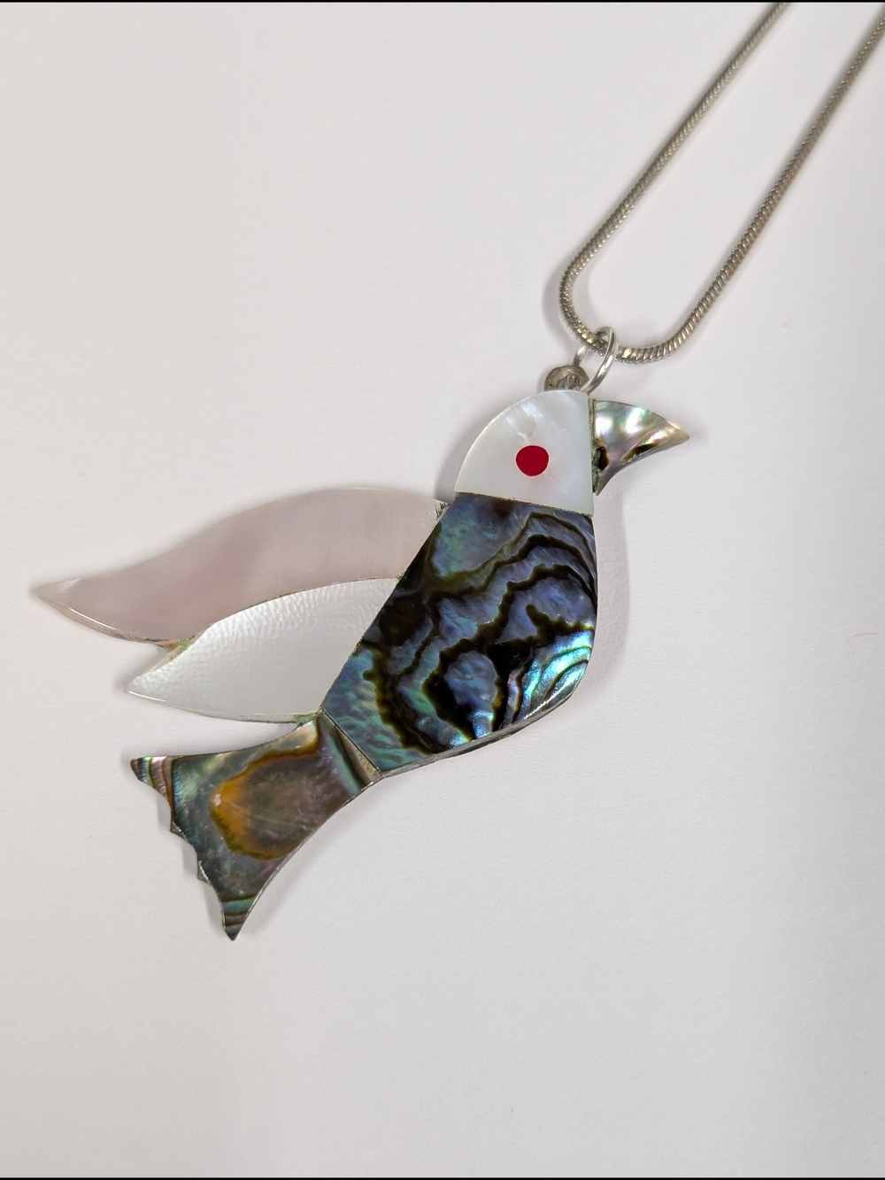 Vintage Alpaca Mexico Abalone Mother of Pearl Bird Pendant Necklace - Iridescent